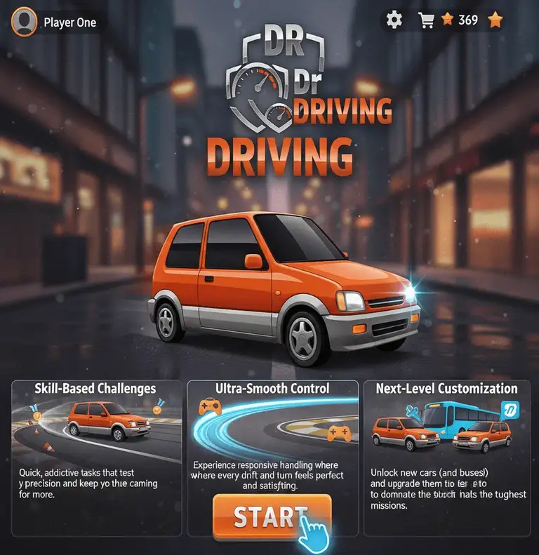 Dr. Driving game apk main screen with orange car, skill challenges, and start button. Dr. Driving online game.